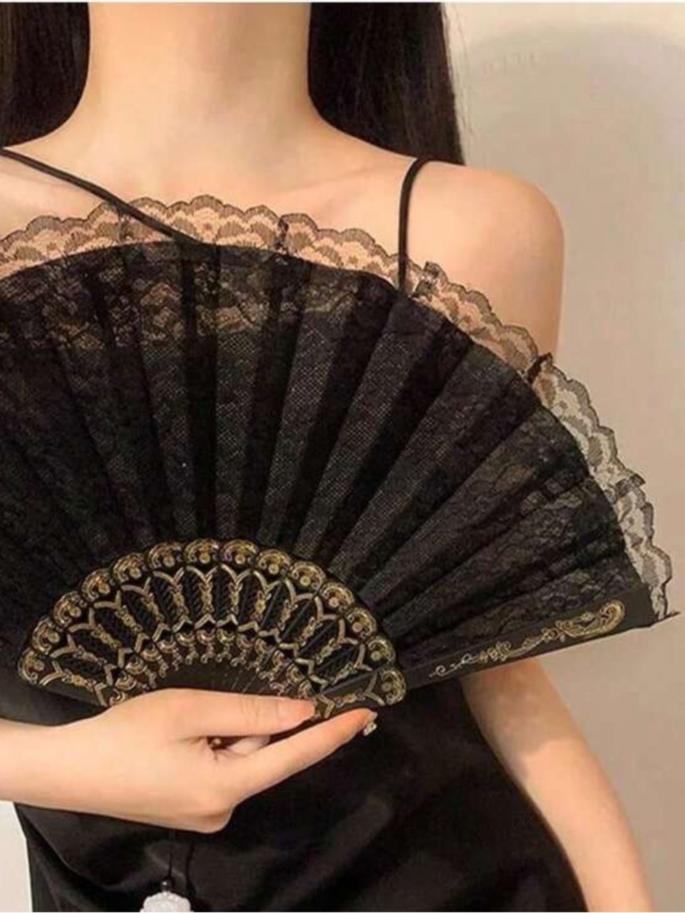 🪭 Elegant Black Lace Hand Fan – Women's Evening Accessory